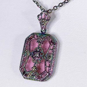 Rainbow Filigree Pendant Necklace with Pink Camphor Glass and CZ Accent Stone,